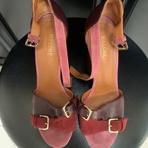 Malone Souliers 38.5 multi-color burgundy leather/suede platform w/ wood heel.